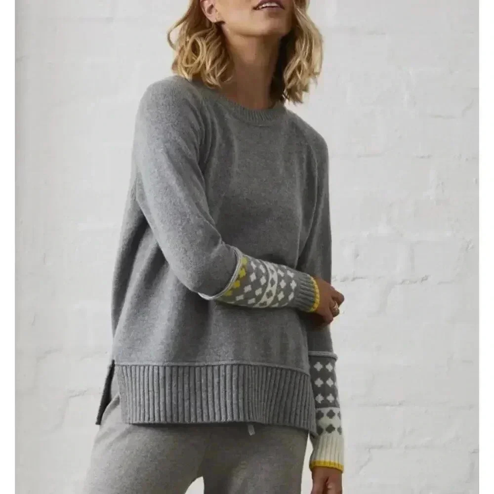 Gray Crew Neck Sweater With Patterned Sleeves - image 1